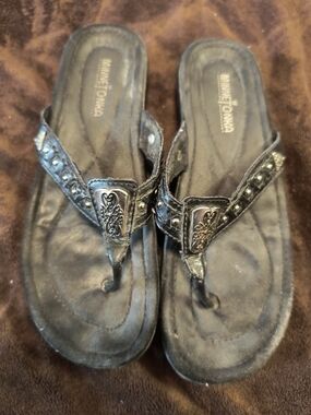 Minnetonka Black Embellished Leather Thong Sandals